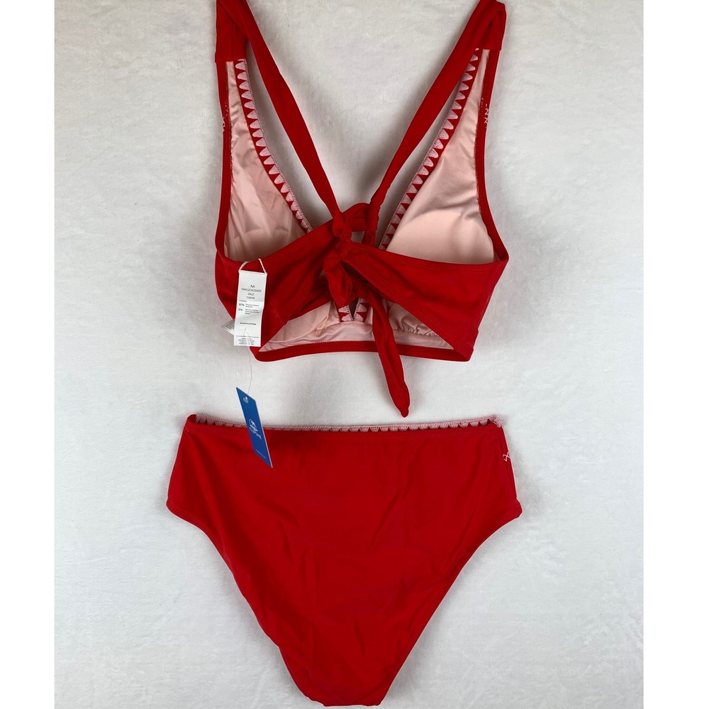 NWT Cupshe Red & White Embroidered High Waisted Tie Back Bikini Set Size Medium - Picture 4 of 7